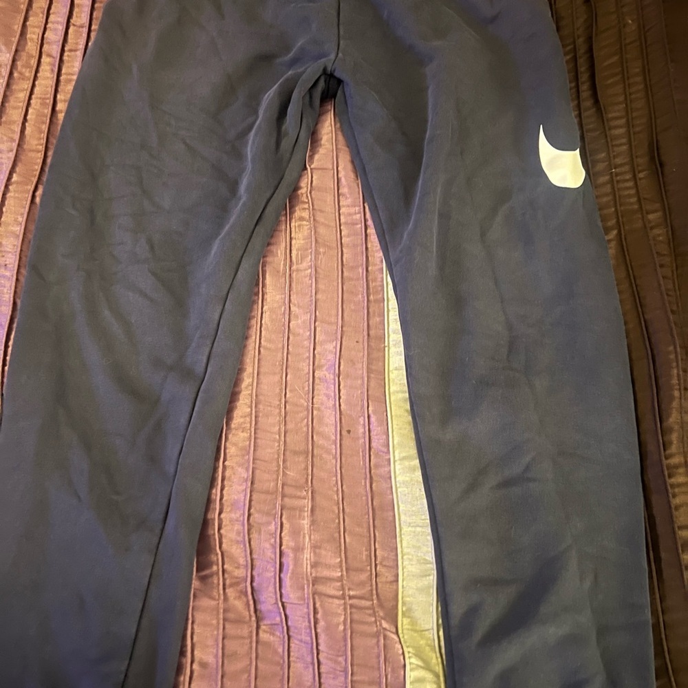 Nike Men's Dark Blue Joggers with White Swoosh and Silver Side Panel